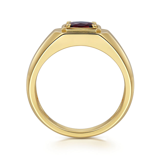 14K Yellow Gold Garnet Mens Ring in Sand Blast Finish