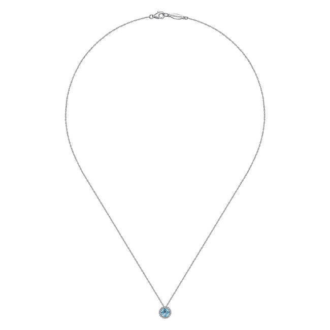14K White Gold Round Swiss Blue Topaz and Diamond Halo Pendant Necklace