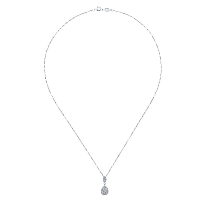 18 inch 14K White Gold Pavé Diamond Pear Shaped Double Pendant Necklace