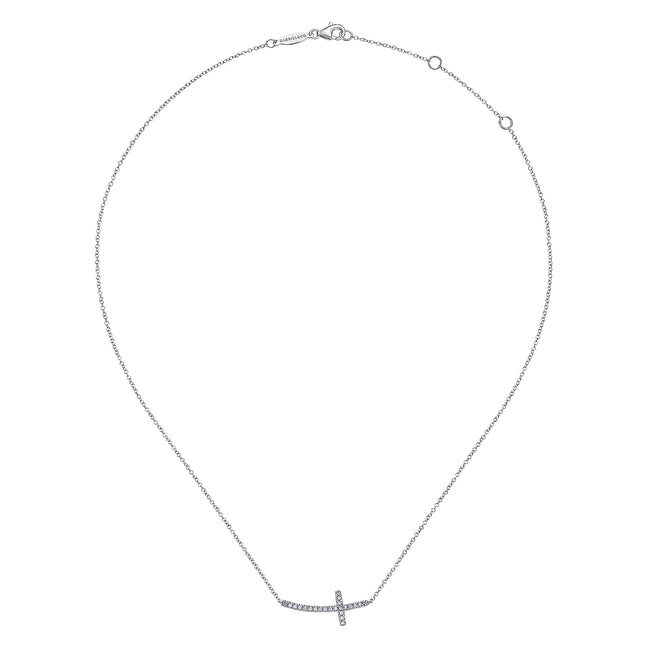 14K White Gold Sideways Curved Diamond Cross Necklace