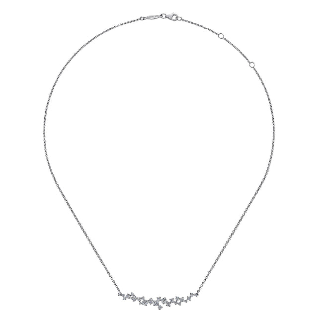 18K White Gold Diamond Cluster Curved Bar Necklace