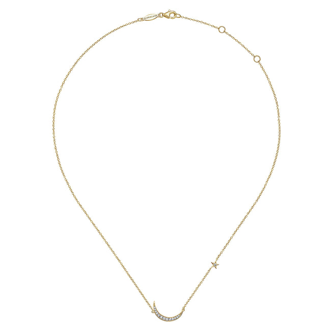 14K Yellow Gold Crescent Moon Diamond Pendant Necklace