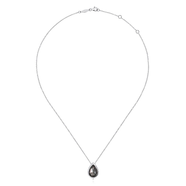 925 Sterling Silver Hammered Pear Shaped Rock Crystal/Black MOP Teardrop Pendant Necklace