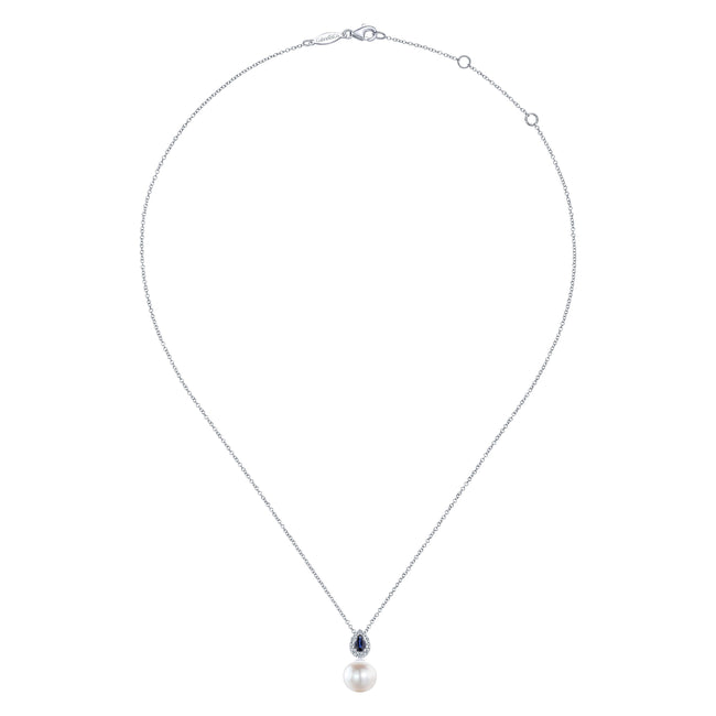 14K White Gold Pear Shaped Sapphire and Diamond Halo Pendant Necklace with Pearl