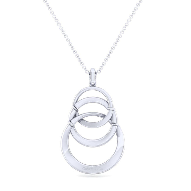 925 Sterling Silver Hammered Layered Circle White Sapphire Pendant Necklace