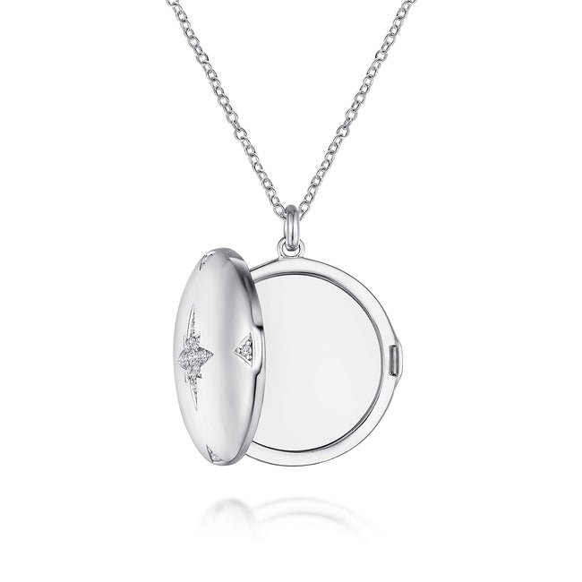 25 inch 925 Sterling Silver Round White Sapphire Starburst Locket Necklace