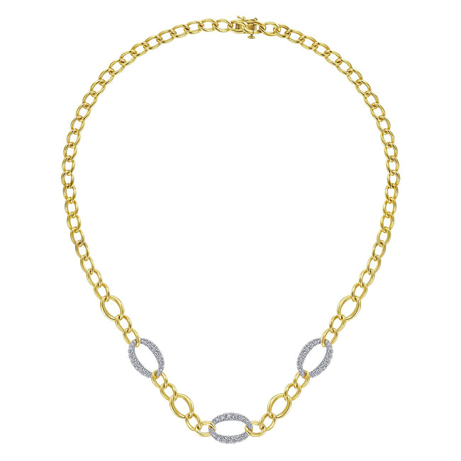 14K Yellow-White Gold Oval Chain Link Necklace with Diamond Pavé