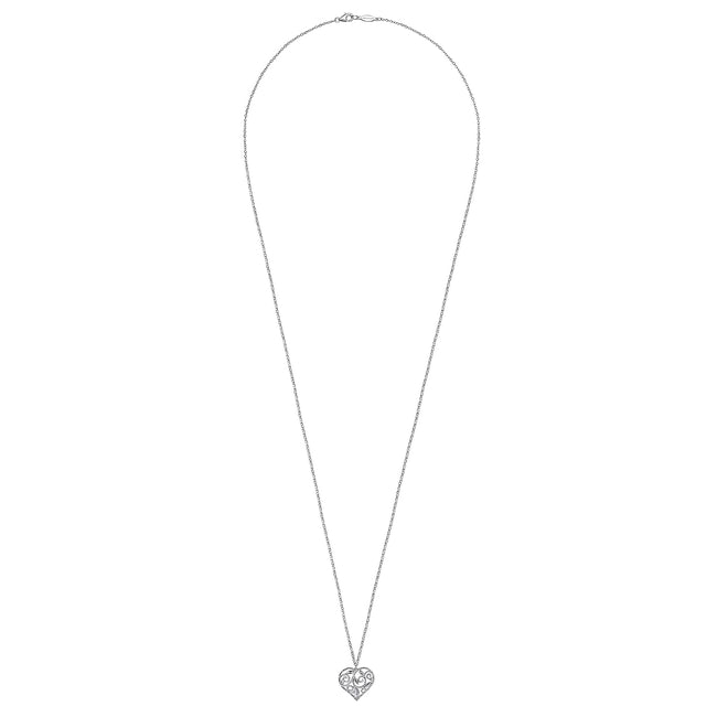 30 inch 925 Sterling Silver Floral Inlay Heart Pendant Necklace