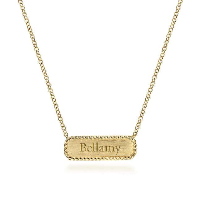 14K Yellow Gold Rectangular ID Pendant Necklace with Twisted Rope Frame