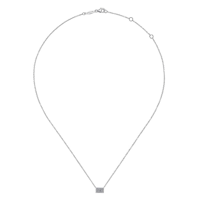 14K White Gold Baguette and Round Halo Rectangular Diamond Pendant Necklace