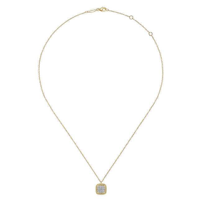 Square 14K Yellow Gold Pavé Diamond Pendant Necklace with Twisted Rope Frame