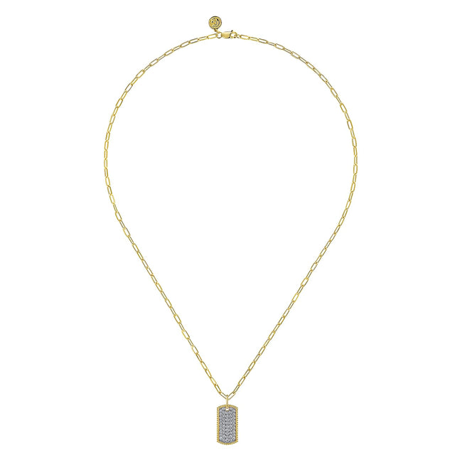 14K Yellow Gold Diamond Pavé Dog Tag Pendant Hollow Chain Necklace