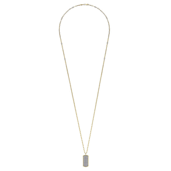 14K Yellow Gold Diamond Pavé Dog Tag Pendant Hollow Chain Necklace