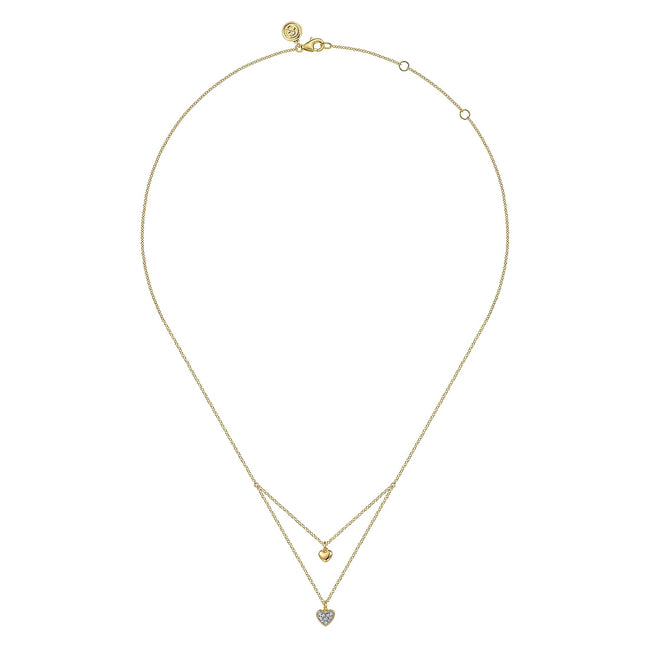 14K Yellow Gold Diamond Double Heart Pendant Necklace