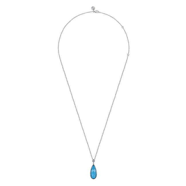 24 inch 925 Sterling Silver Faceted Rock Crystal & Turquoise Doublet Bujukan Teardrop Necklace
