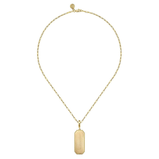 14K Yellow Gold Elongated Dog Tag Pendant Hollow Chain Necklace