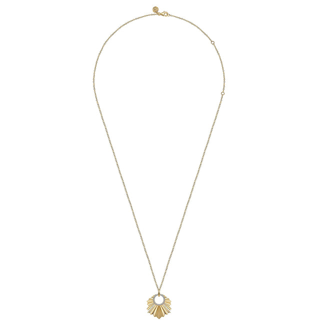14K Yellow Gold Diamond Necklace With Diamond Cut Texture In Leaf Shape