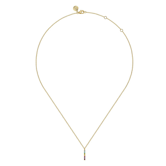 14K Yellow Gold Rainbow Color Stone Bar Necklace