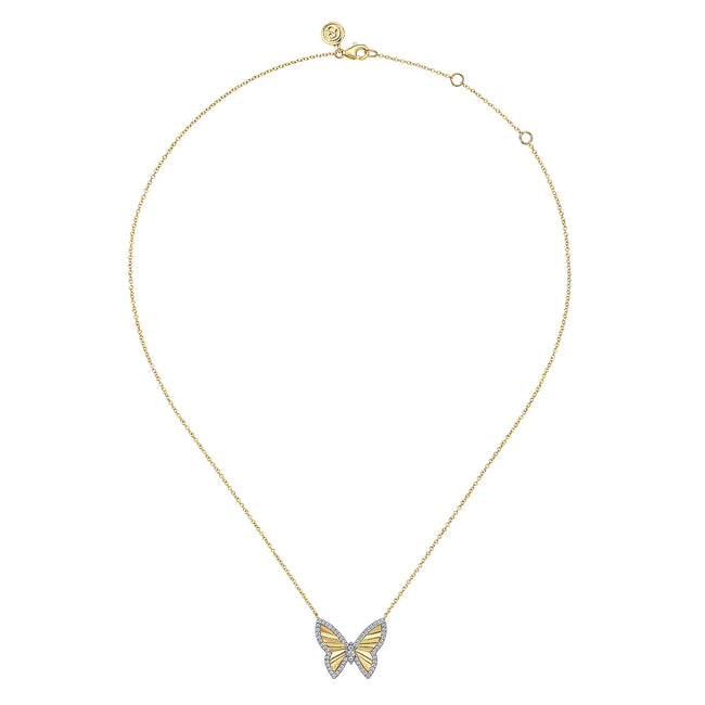 14K White and Yellow Gold Diamond Cut Butterfly Necklace