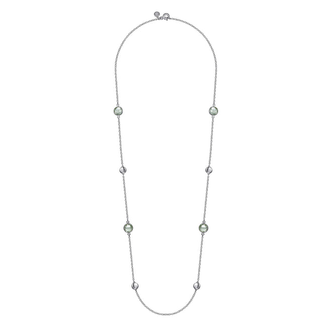 925 Sterling Silver 24 inch Bezel Green Amethyst and Round Hollow Silver Disk Station Necklace