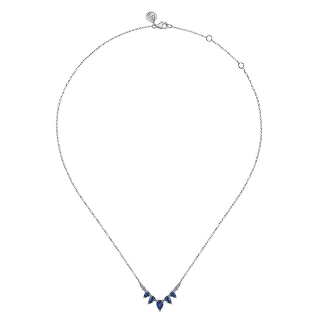 14K White Gold Diamond and Blue Sapphire Chevron Bar Necklace