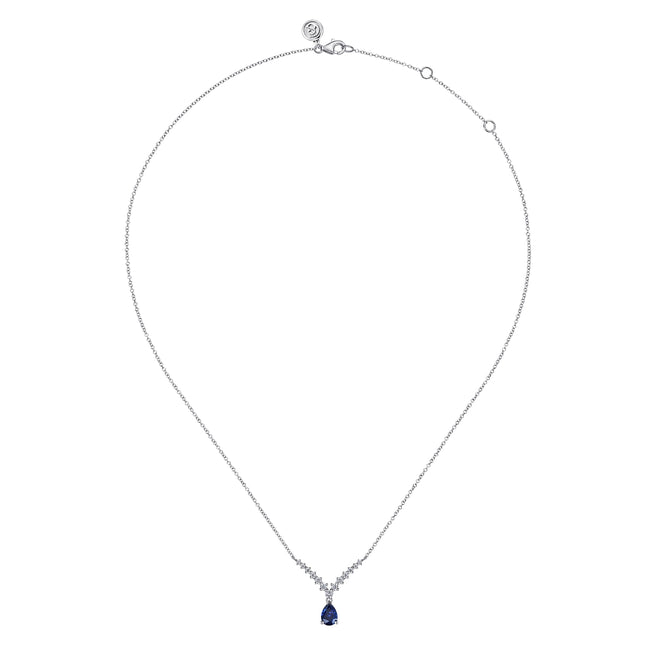 14K White Gold Diamond and Pear Sapphire Chervon Necklace