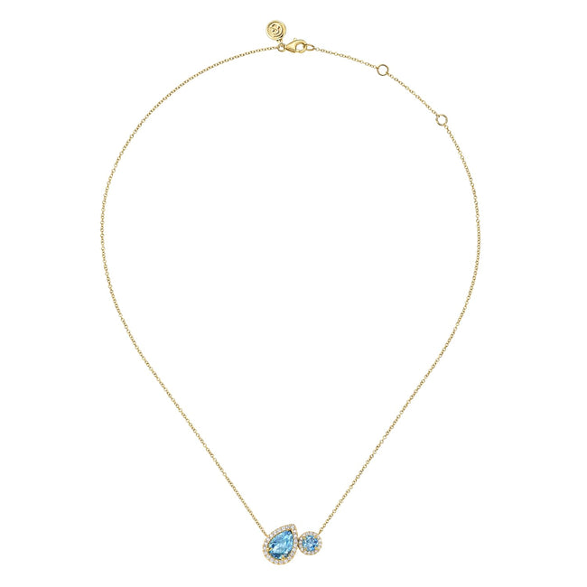 14K Yellow Gold Toi et Moi Blue Topaz and Diamond Halo Necklace