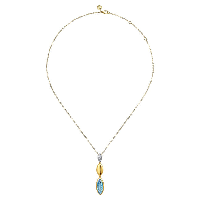14K White and Yellow Gold Diamond and Marquise Blue Topaz Drop Necklace