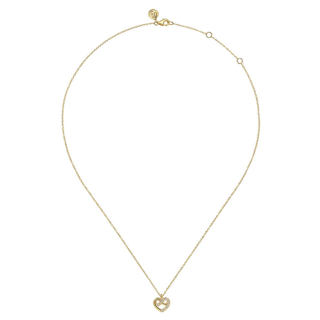 14K Yellow Gold Diamond Love Knot Heart Pendant Necklace