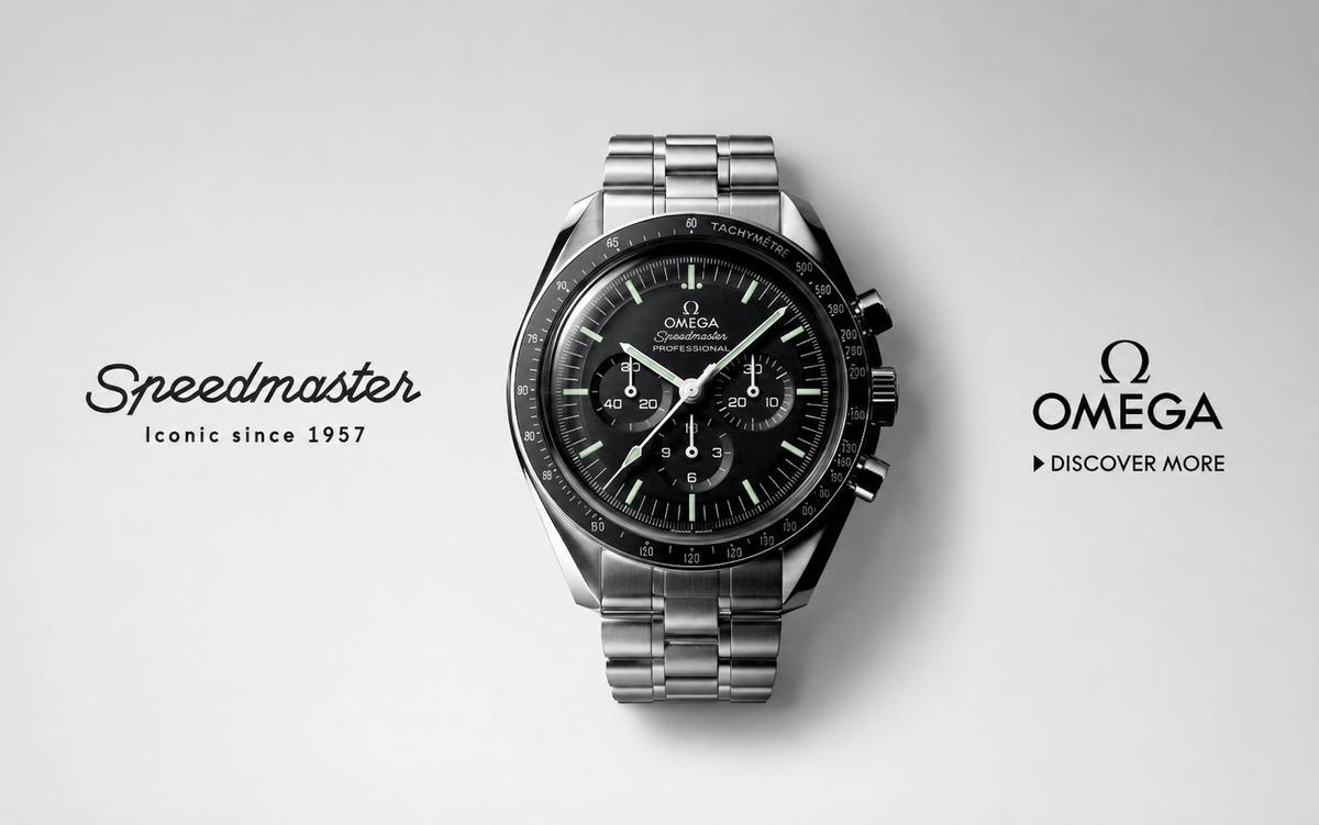 Omega Speedmaster wristwatch with a black dial and stainless steel case and bracelet, centered on a light gray background with 'Speedmaster iconic since 1957' on the left and 'OMEGA DISCOVER MORE' on the right.