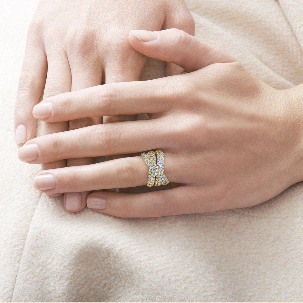 Moonlight 3-Row Crossover Ring with Pavé Diamonds in 18k Yellow Gold