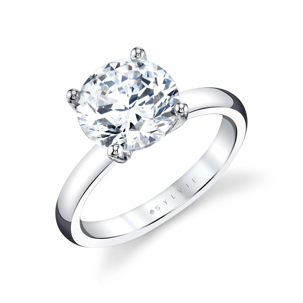 Sylvie Round Cut Wide Band Solitaire Engagement Ring - Demitra
