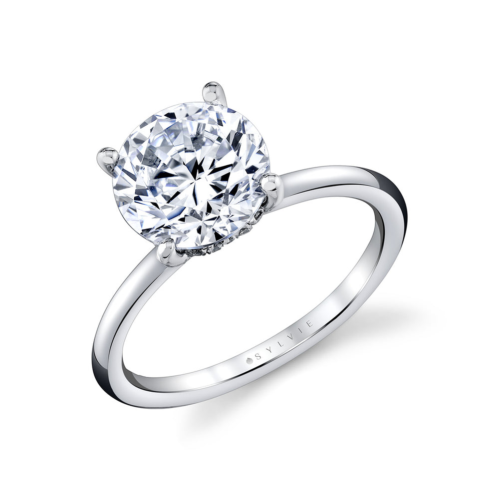 Sylvie Round Cut Solitaire Shell Tip Hidden Halo Engagement Ring - Elia