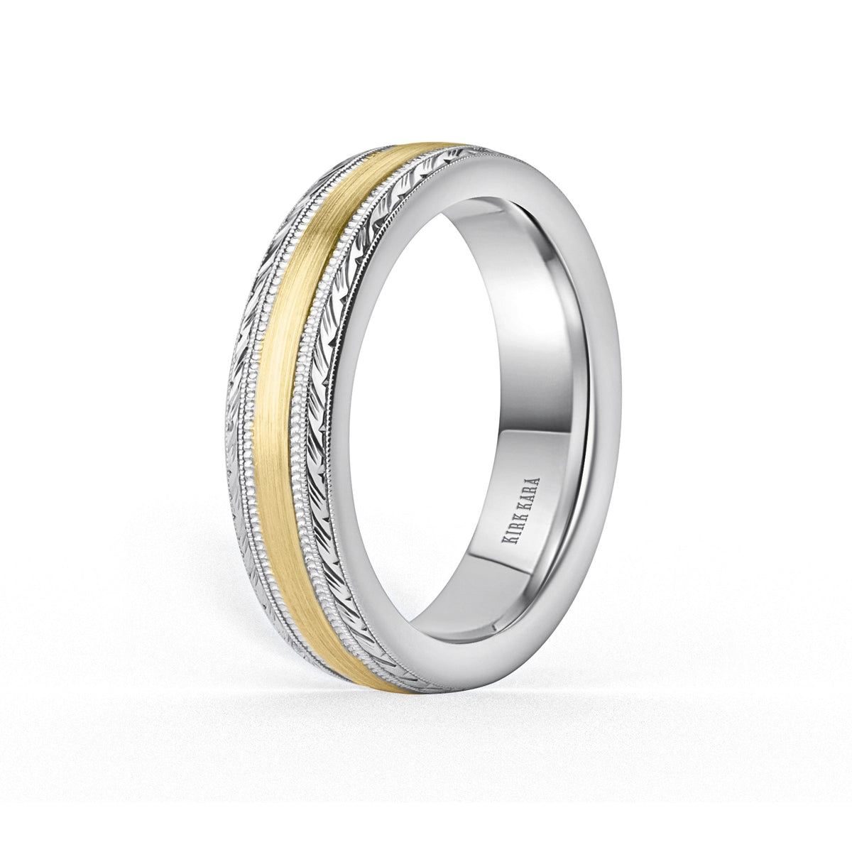 Thin Two Tone Engraved Edge Satin Finish Wedding Band, 5mm