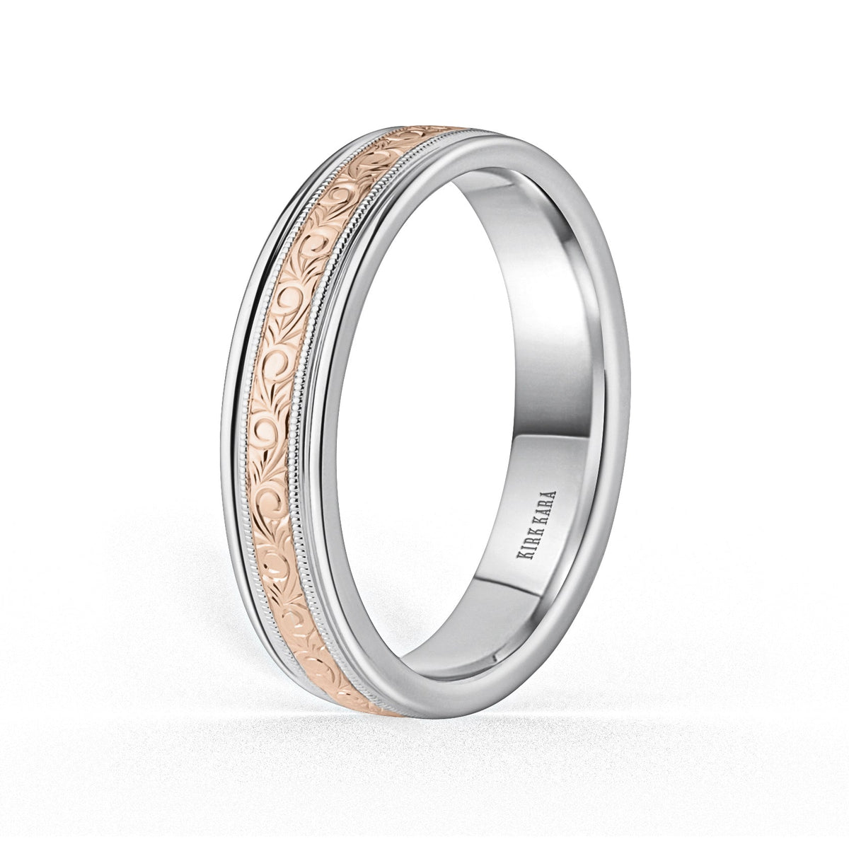 Thin Two Tone Scroll Engraved Milgrain Wedding Band, 5mm
