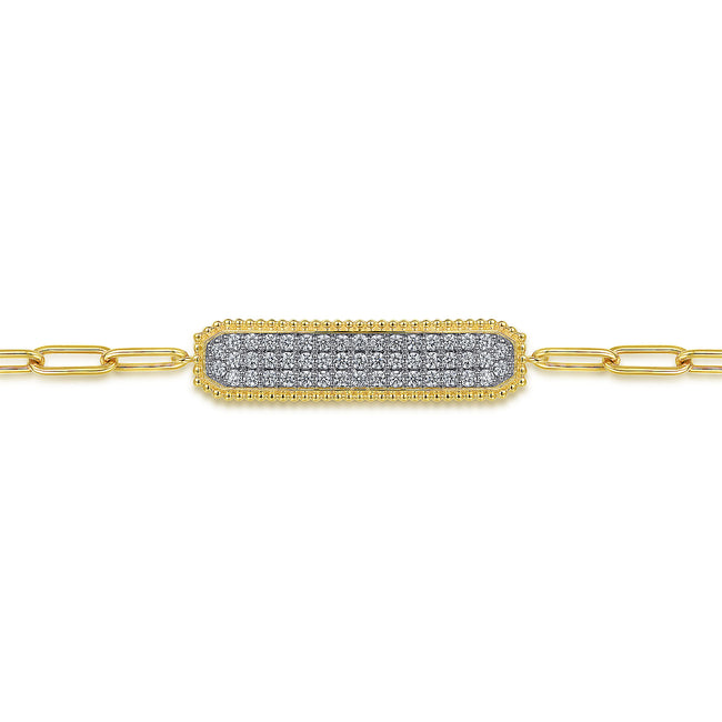 14K Yellow Gold Diamond Pavé Wide Bar Hollow Chain Bracelet
