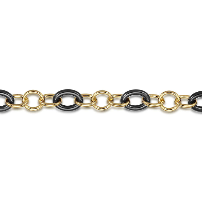 14K Yellow Gold Hollow Tube and Black Oval Ceramic Link Chain Tennis Bracelet