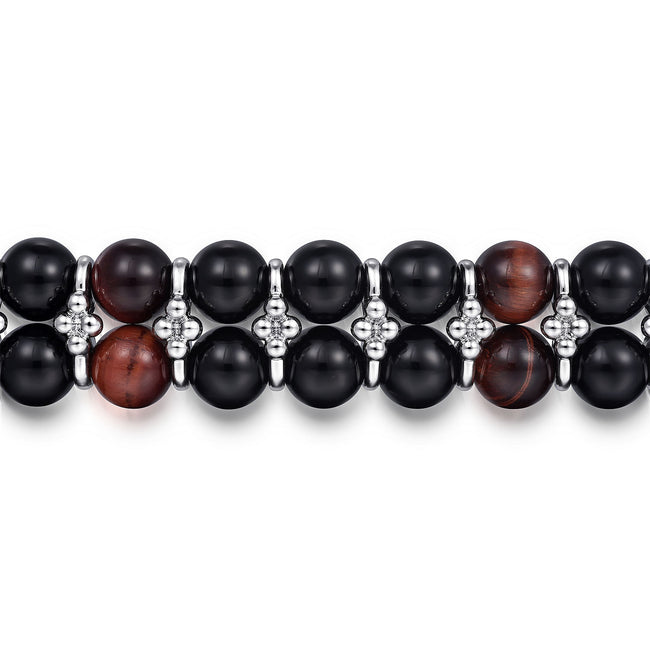 Sterling Silver 8mm Onyx and Tiger Eye Beaded Bracelet