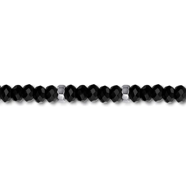 925 Sterling Silver 8mm Matte Faceted Flat Round Onyx Beaded Bracelet