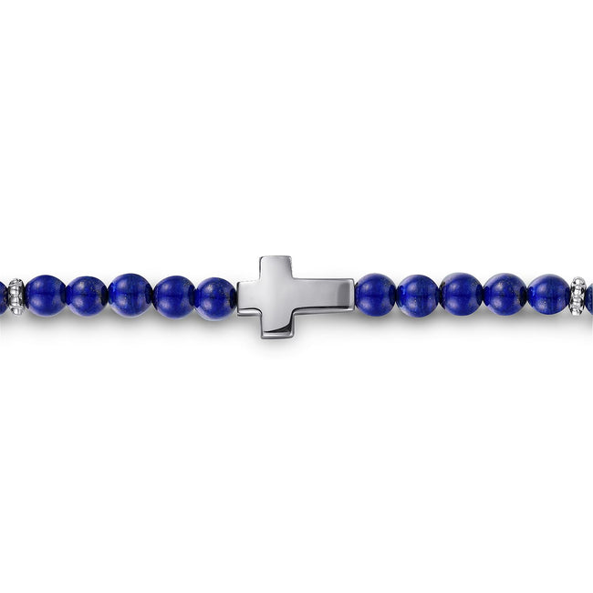 925 Sterling Silver Cross Bracelet with 4mm Lapis Beads