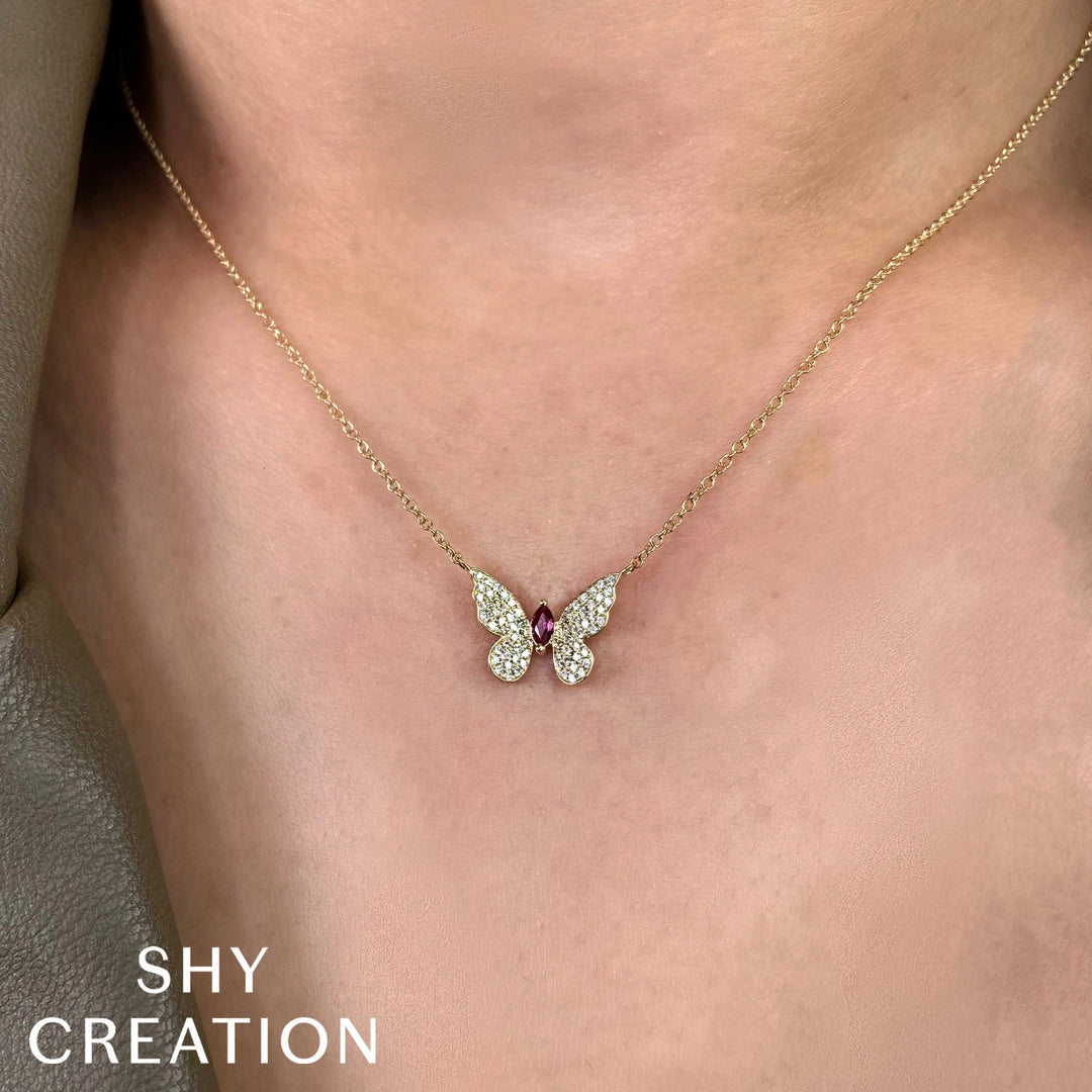0.16CT DIAMOND & 0.09CT RUBY 14K Y/G MARQUISE BUTTERFLY NECKLACE