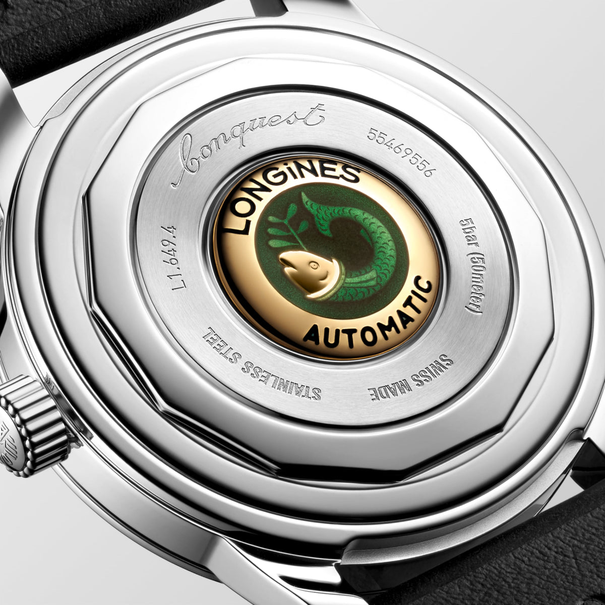 Conquest Heritage 38.00 mm Black lacquered polished Stainless steel L16494522 L1.649.4.52.2 front and side view
