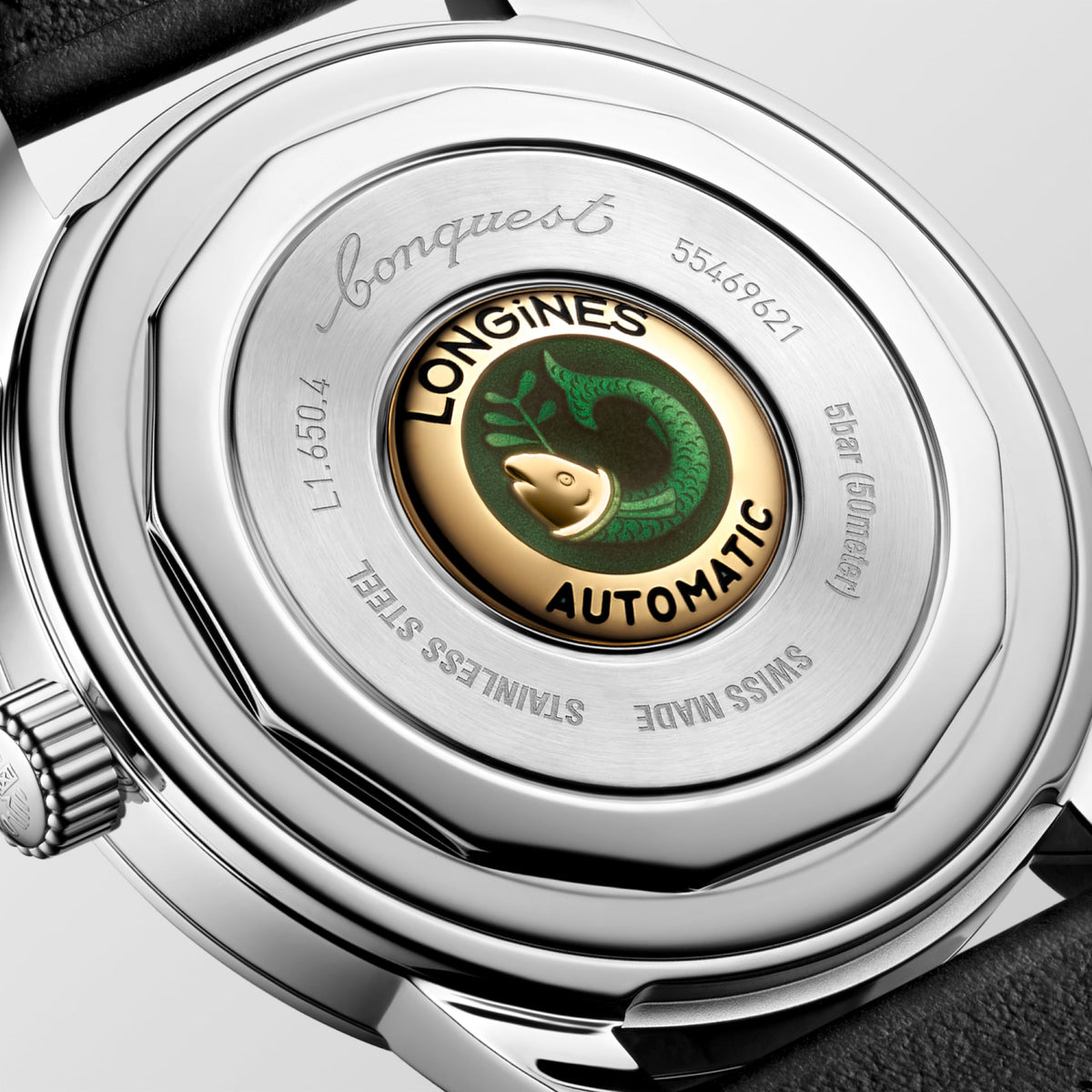 Conquest Heritage 40.00 mm Black lacquered polished Stainless steel L16504522 L1.650.4.52.2 front and side view
