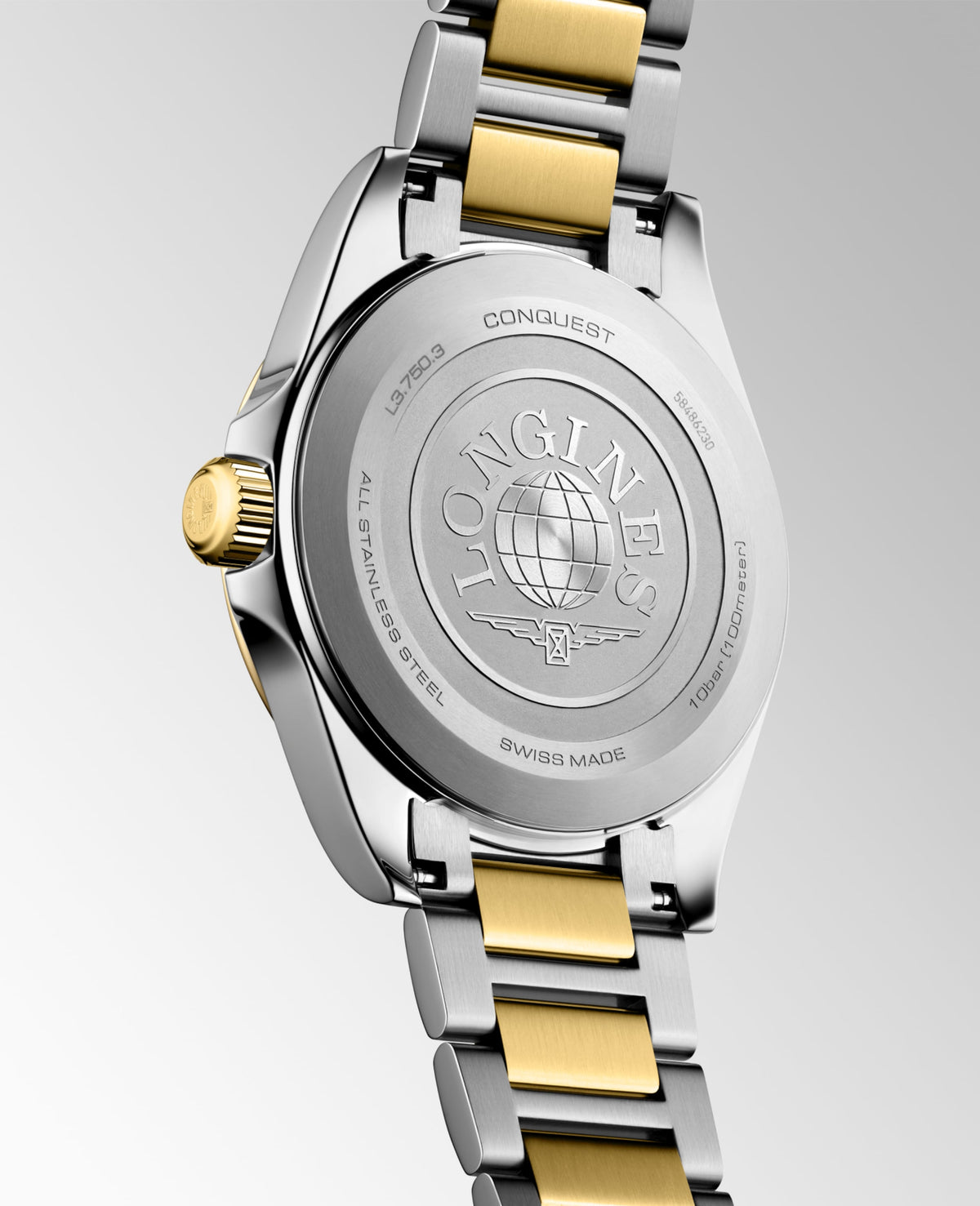 Conquest 38.00 mm Black sandblasted Stainless steel and yellow PVD coating L37503527 L3.750.3.52.7 side and front view