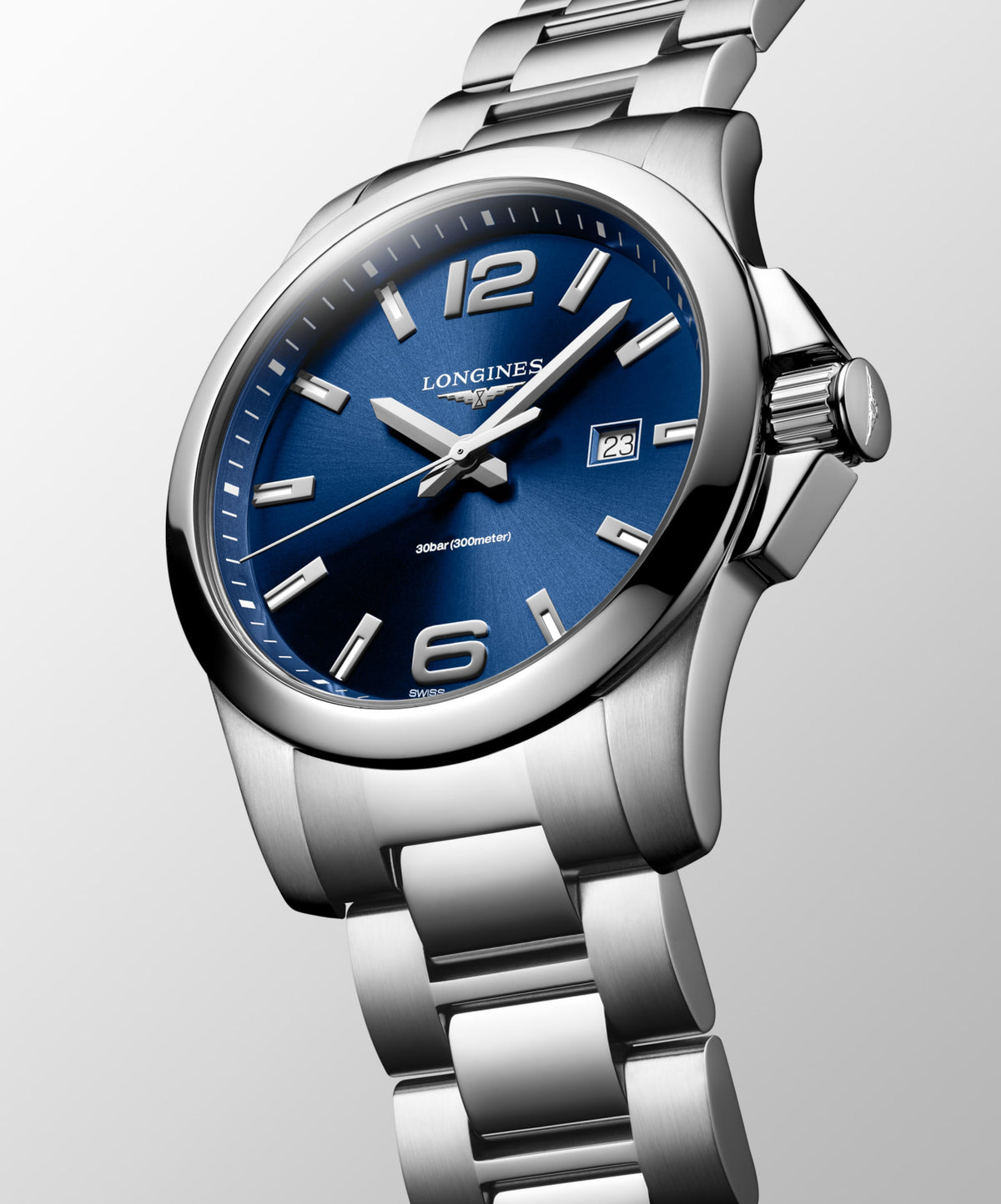 Conquest 43.00 mm Sunray blue Stainless steel L37604966 L3.760.4.96.6 side and front view