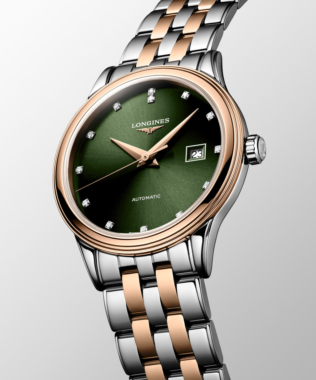 Flagship Classic 30.00 mm Sunray green Stainless steel and red PVD coating L43743077 L4.374.3.07.7 front and side view