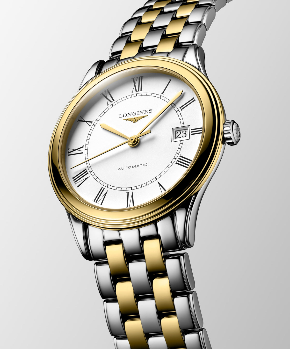 Flagship Classic 38.50 mm White matt Stainless steel and yellow PVD coating L49743217 L4.974.3.21.7 front and side view