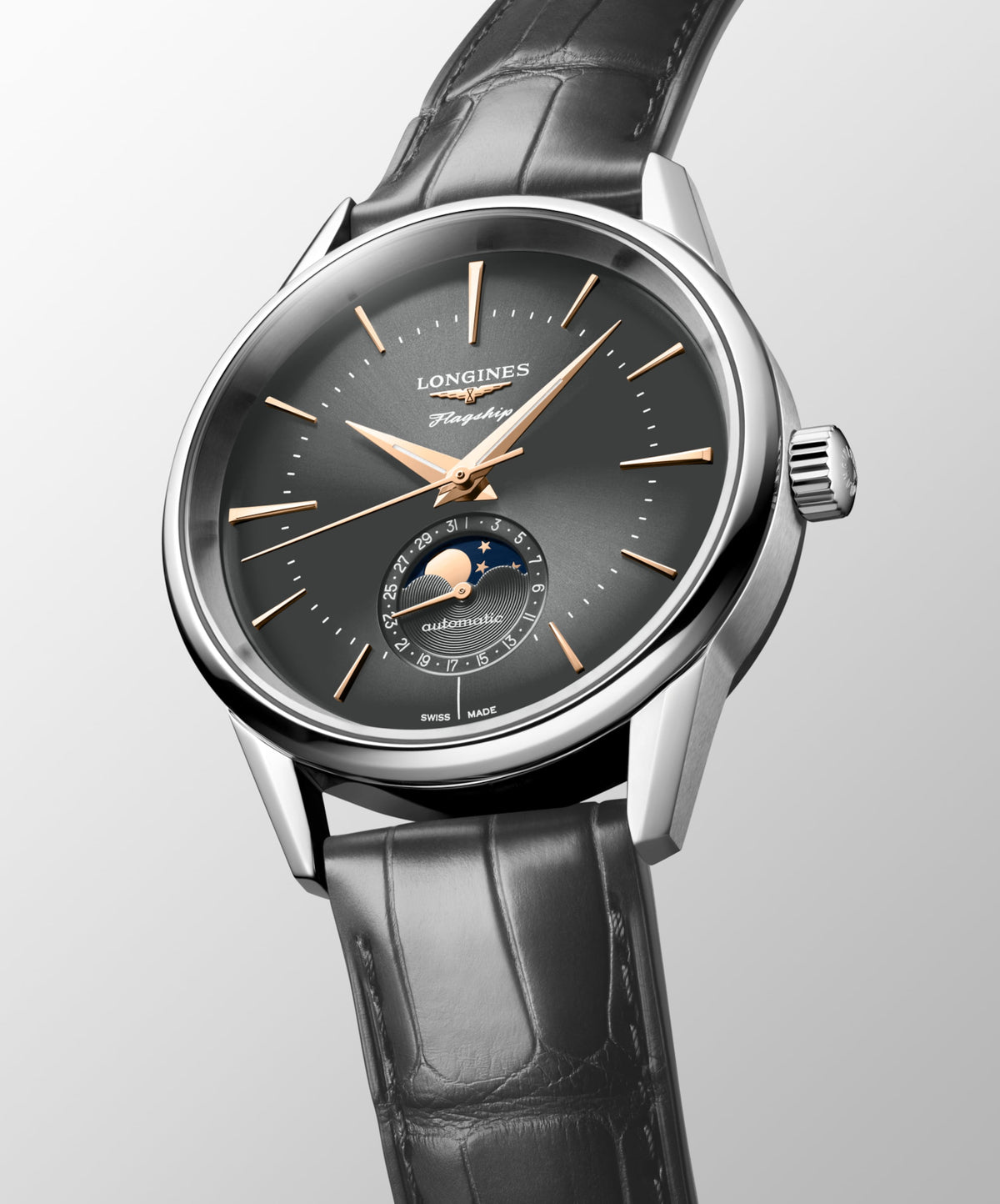 Flagship Heritage Moonphase 38.50 mm Sunray anthracite Stainless steel L48154522 L4.815.4.52.2 front and side view