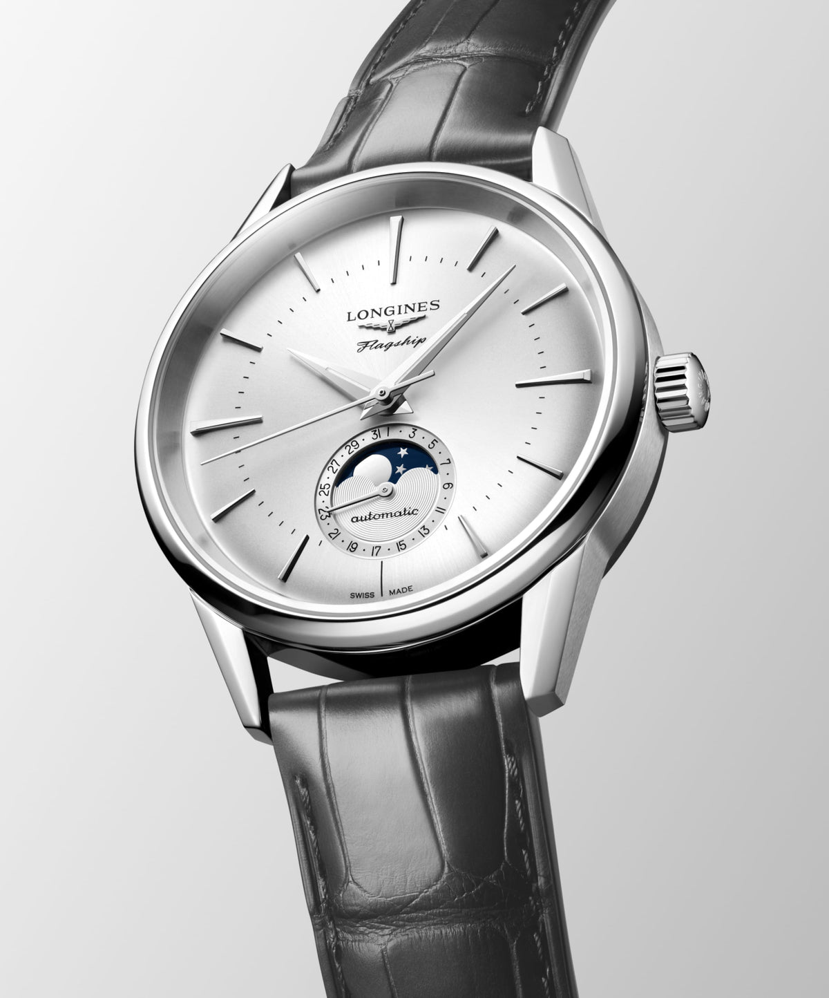 Flagship Heritage Moonphase 38.50 mm Sunray silver Stainless steel L48154722 L4.815.4.72.2 front and side view