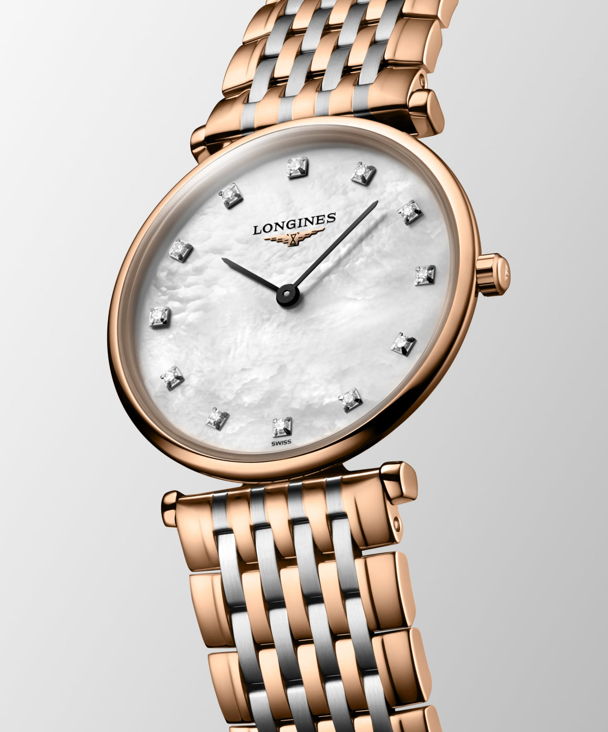 La Grande Classique De Longines 29.00 mm White mother-of-pearl Stainless steel and red PVD coating L4512197D L4.512.1.97.D front and side view